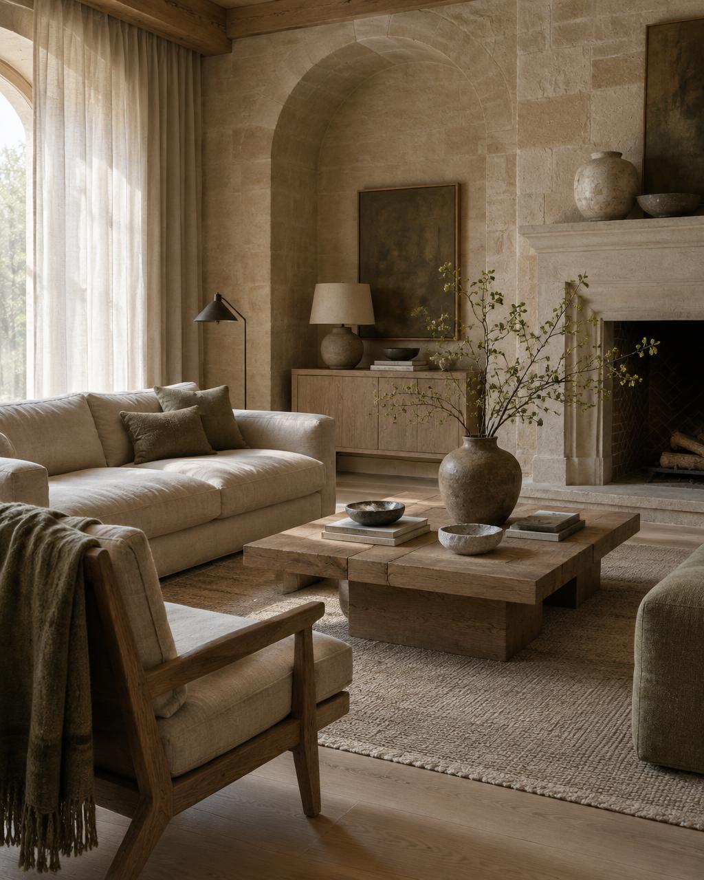 A calm living room with natural materials and daylight through tall windows