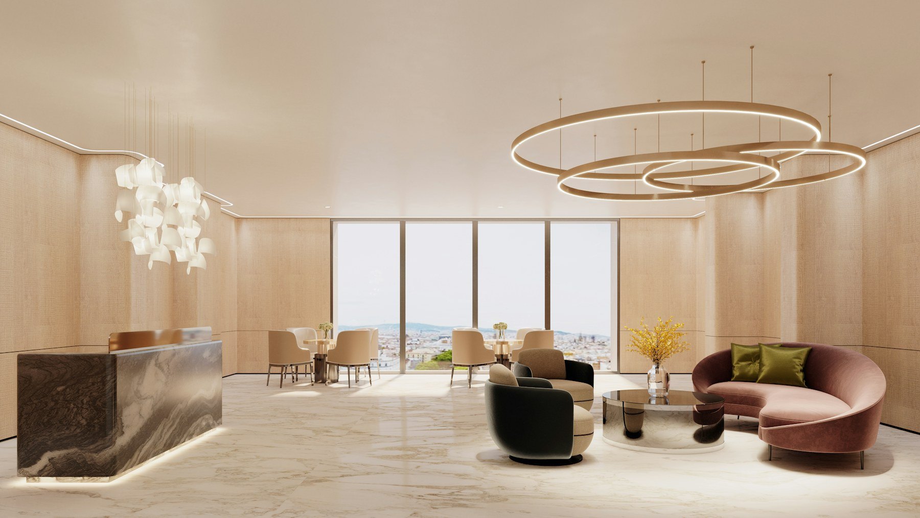 A calm resort lobby with a marble reception desk and soft daylight