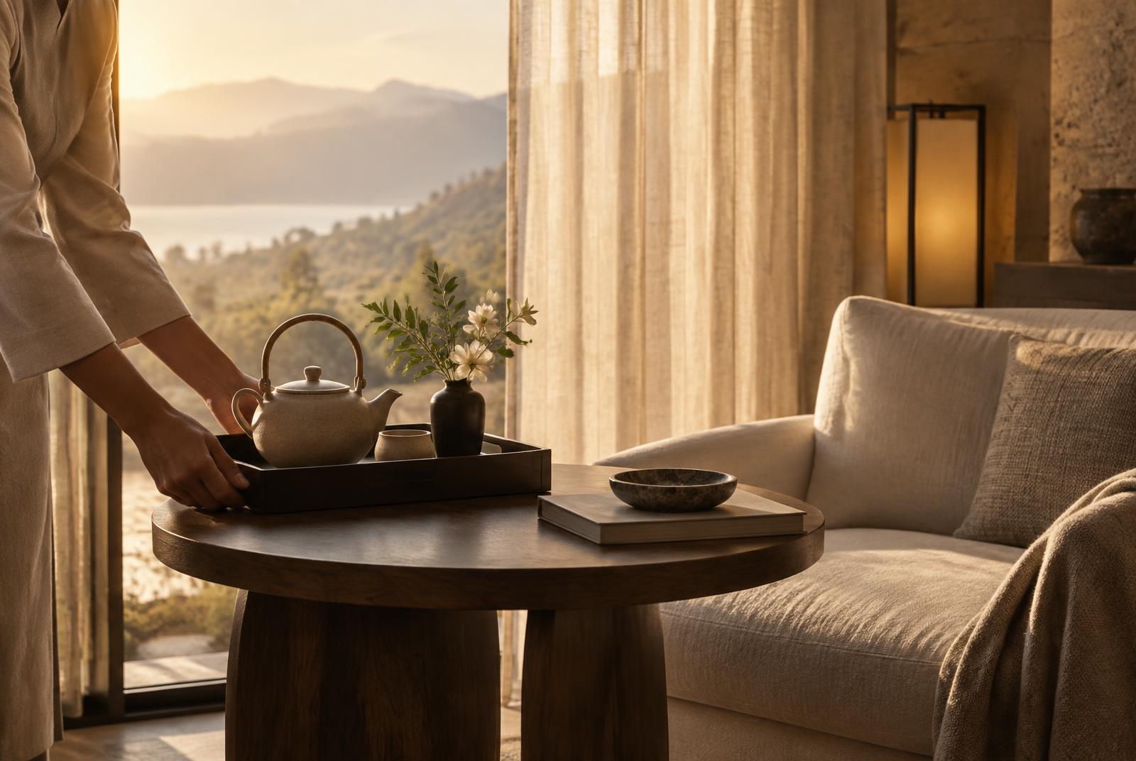 A server's hands setting a tray with a teapot and flowers on a table by a sunlit suite window